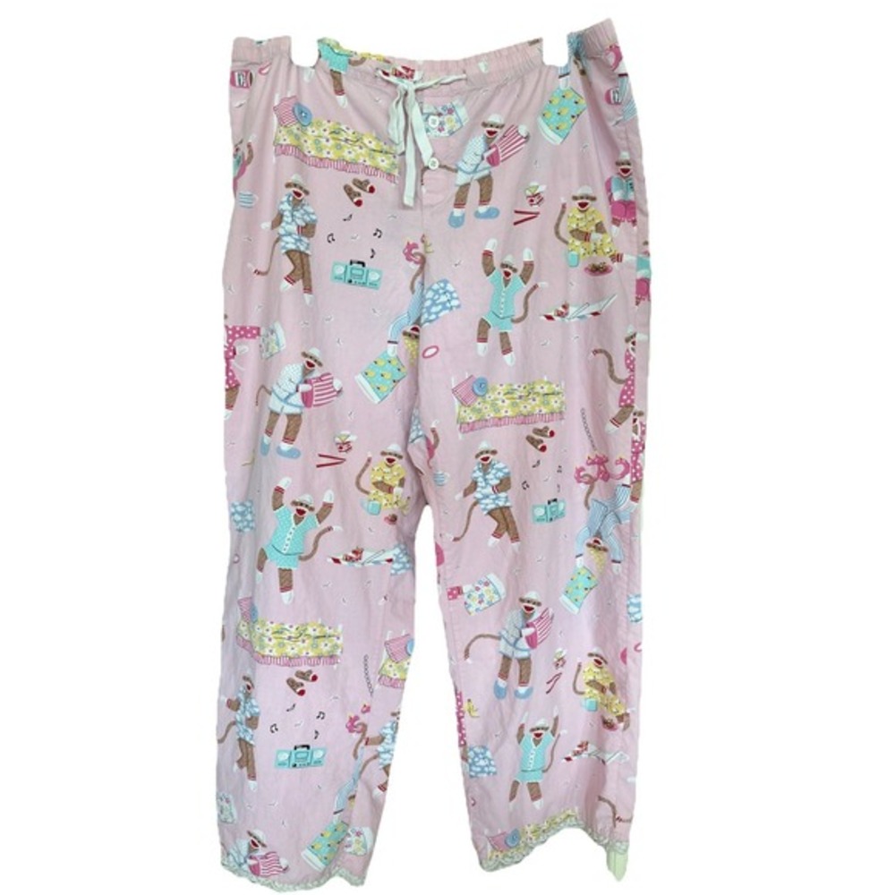 Nick & Nora Sock Monkey Size Large Pajama Pants Cotton‎ Lace Trim